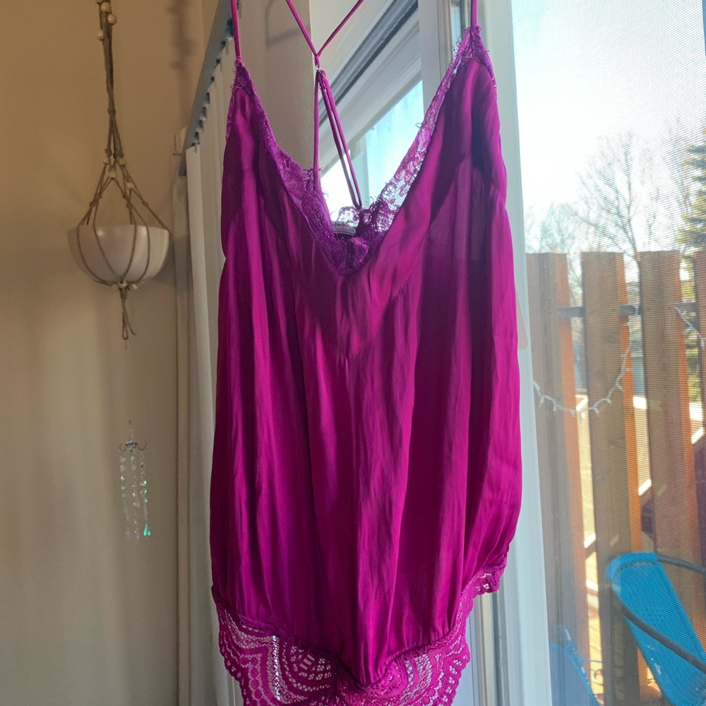 NWT Free People fushia/pink/purple lace and silky bodysuit xs